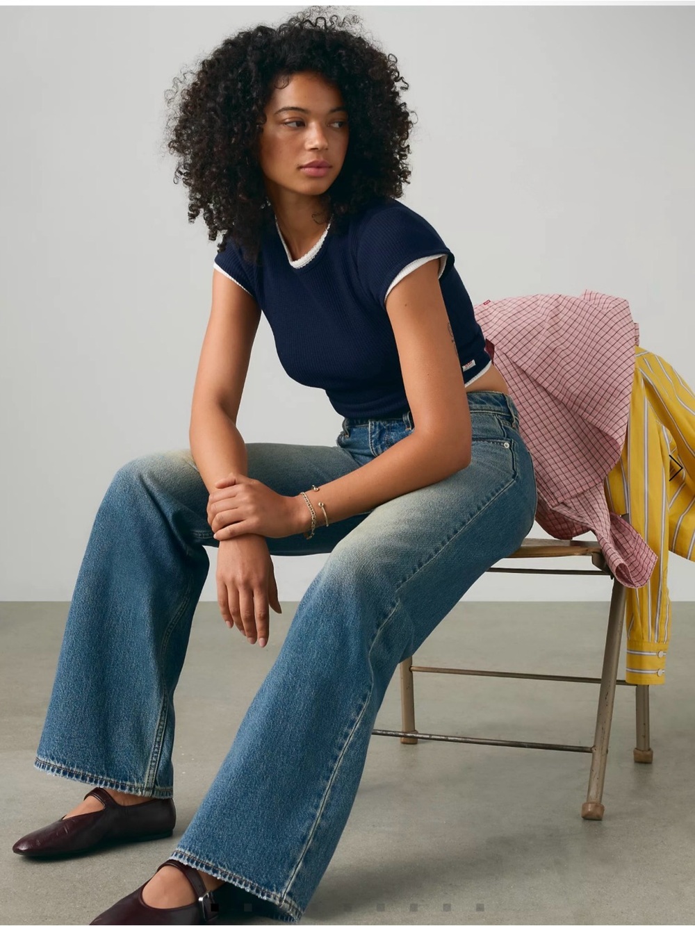 Levi's Navy Ribbed Tee & Blue Wide-Leg Jeans